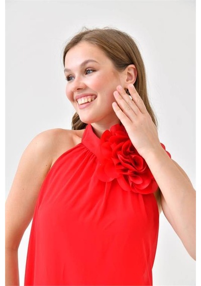 Dip Moda Kadın Broş Çiçek Detaylı Abiye Elbise Dpnbs9351 Kırmızı