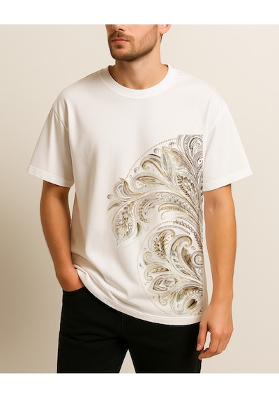 Yandan Baskılı Etnik T-shirt Beyaz