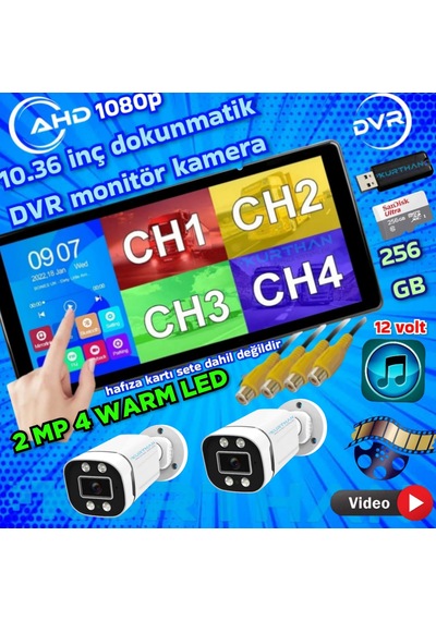 2 Adet Ahd 2mp Warm Ledli Kamera Dvr Dokunmatik 10.36 İnç Monitör 12 Volt 256 Gb