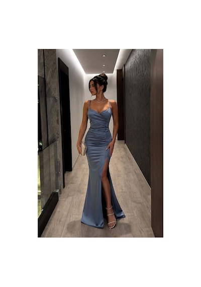 DefyModa Kadın Şık Model Saten Kumaş V Yaka Yırtmaçlı Askılı Abiye Elbise İndigo