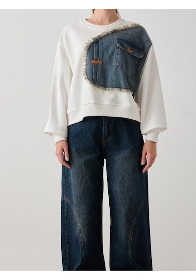 Kız Çocuk Mevsimlik Önü Denim Garni Cepli 3 İplik Sweatshirt-14773 Ekru