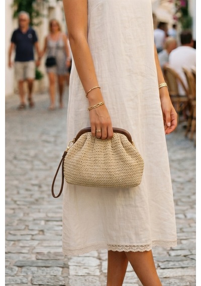 Vivazzaluxe Vintage Model Örme Hasır Kadın Portföy Clutch Çanta Krem