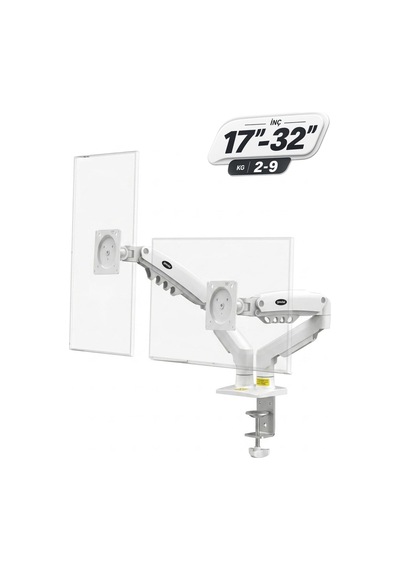 17-32 İnç Amortisörlü Çift Kollu Monitör Kolu Tam Hareketli Vesa Uyumlu Masa Kelepçeli Monitör Standı 2-9 Kg - Beyaz