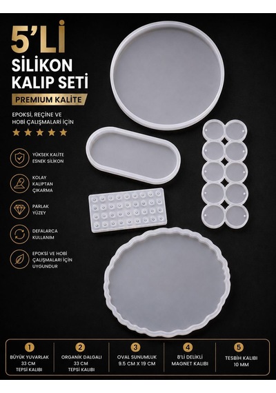 5'li Premium Silikon Kalıp Seti Epoksi Reçine Tepsi, Magnet Ve Tesbih Kalıbı Genel