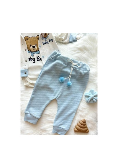 Minicayzen %100 Pamuk Kapüşonlu Hırka Pantolon Body 3'lü Erkek Bebek Takımı Mavi Mavi