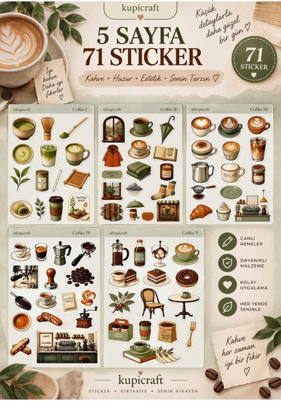 5 Sayfa Coffee & Matcha Temalı Sticker Set Coffee Break Ajanda Scrapbook Journal 0