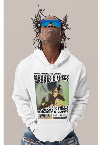 Sevbano Tasarım Monkey D. Luffy Baskılı Unisex Oversize One Piece Anime K beyaz