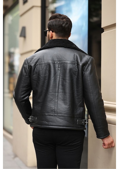 Erkek Napa Deri Çapraz Fermuarlı İçi Full Kürklü Slim Fit Mont & Ceket Siyah - Siyah