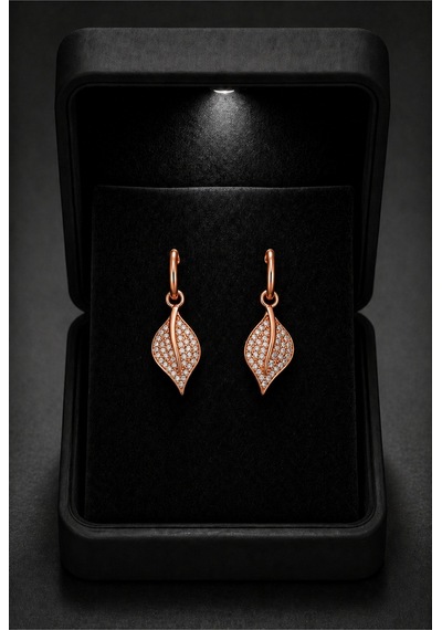 Çekirdekjewelry Işıklı Hediye Kutulu 925 Ayar Gümüş Yaprak Tasarım Küpe Pembe