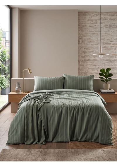 Çift Kişilik Çizgi Desenli Nevresim Takımı Pamuk Polyester Modern Yatak Odası Seti Yeşil