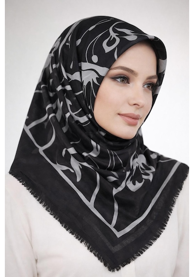 Sinem Emprime Koton Eşarp - Siyah / Beyaz-6291 SİYAH-BEYAZ