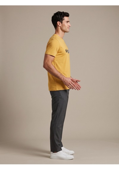 Maccali Erkek Sarı Simple Baskılı Bisiklet Yaka Bol Kesim Tişört