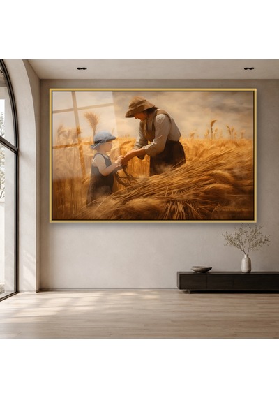 Buğday Tarlasında Çiftçi Ve Çocuk Gold Çerçeveli Cam Tablo