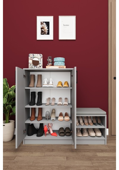 Asra Trend Puflu Ayakkabılık A-23 %100 MDF Minderli Geniş Portmanto Kül Gri