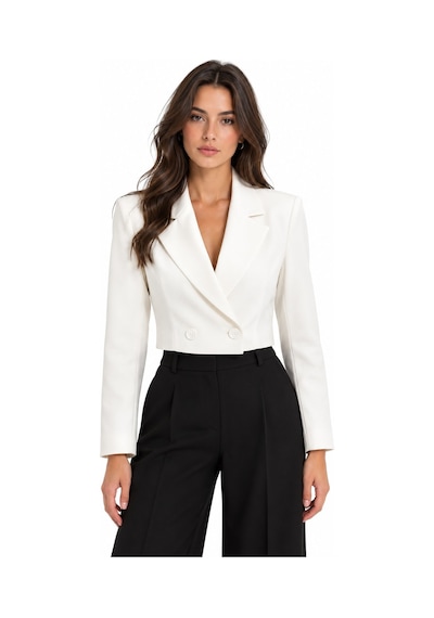 Lafela Kruvaze Kapama Yapılı Crop Blazer Beyaz