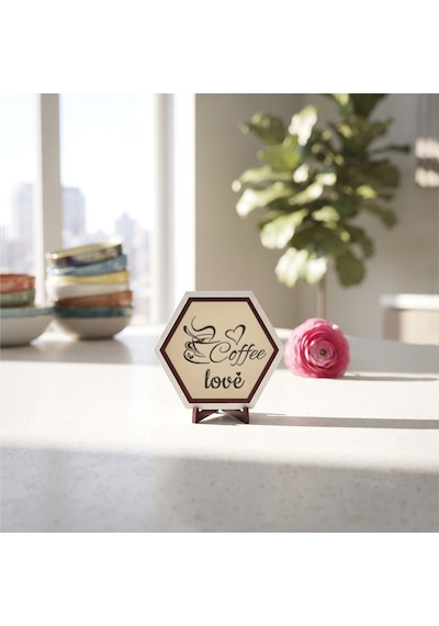 Kahve Keyfi Temalı Coffee Love Yazılı Masaüstü Objesi Çalışma Masanıza Neşe Katan Modern Ve Şık Tasarım Parça 10x10 Cm, Pudra