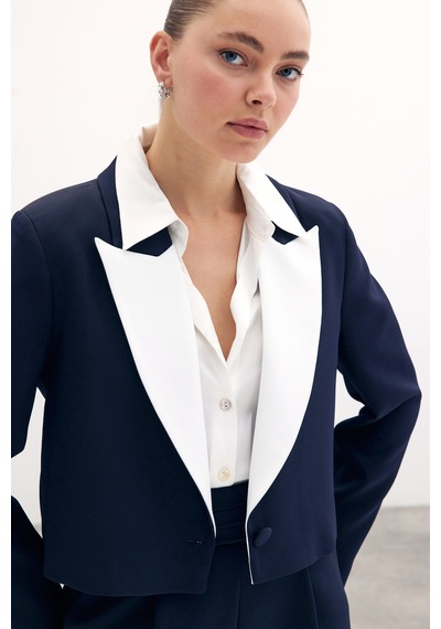 Sateen Kontrast Kısa Ceket - Lacivert-134449 Lacivert