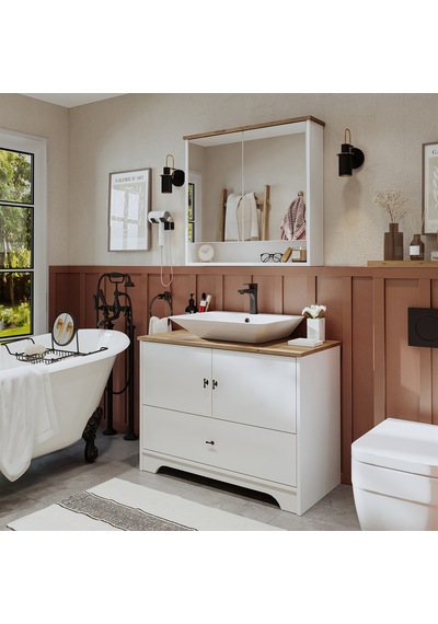 Lavabolu Mat Beyaz Mdf 100Cm Çekmeceli Banyo Dlp + Aynalı Üst Dlp Beyaz - Atlantik Çam