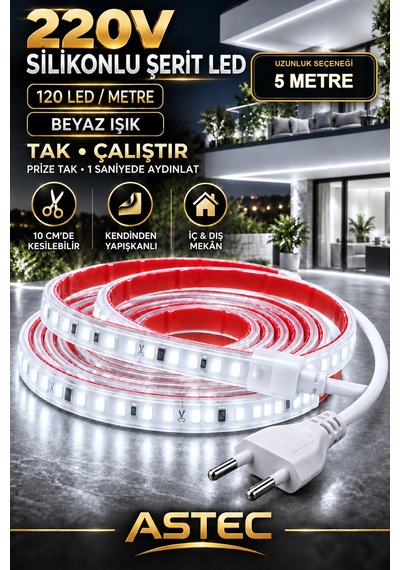 Astec Yapışkanlı 5 Metre Beyaz 220v Silikonlu Şerit Led Yüksek Güç Tak Çalıştır İç Dış Mekân Su Geçirmez