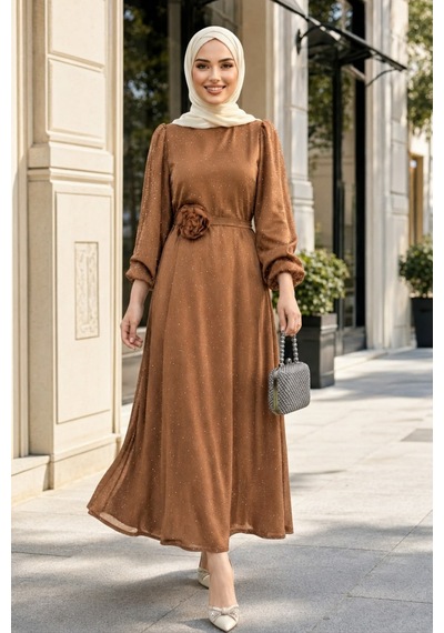 Hb Harma Time Butik Kadın İnci Detaylı Kuşaklı Taba Saten Elbise Taba Taba