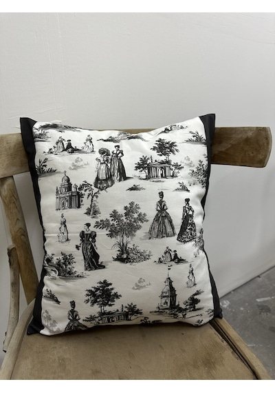 Toile De Jouy Paris Kırlent Kılıfı 43x43 Cm %100 Pamuk Dijital Baskılı Klasik Fransız Tarzı Dekoratif Yastık Kılıfı - Zt740 Siyah-