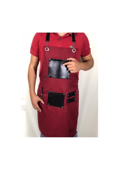 Trend Mutfak Önlük Renkli Deri Cepli Önlük Kuaför Kasap Cafe Restoran Şef Önlüğü Kırmızı