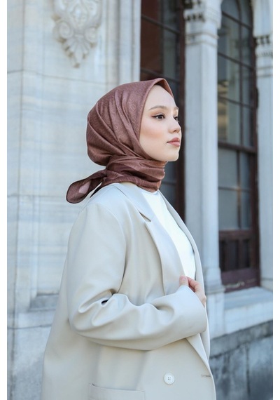 Eşarp - Premium Lux Original Monogram Eşarp İpek Vual, Yüksek Kalite, Hafif, Rahat, Şık, Scarf Kahverengi
