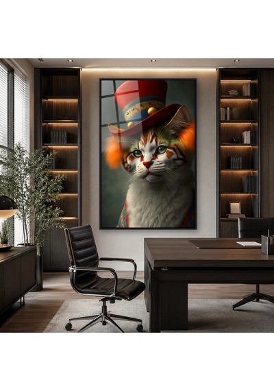 Şapkalı Kedi Portresi Siyah Çerçeveli Cam Tablo