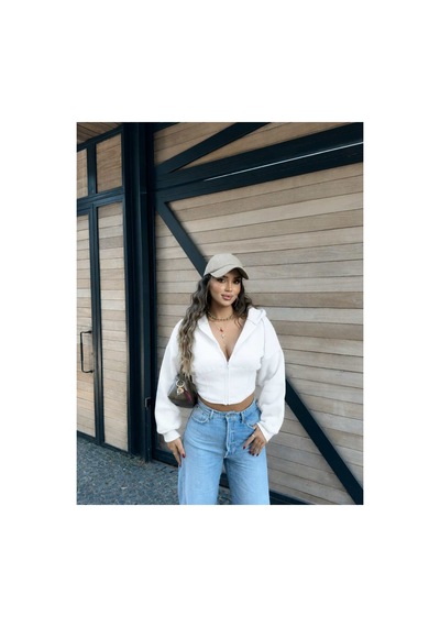 Evoa Kadın Beyaz Oversize Kol Kapüşonlu Crop Hırka
