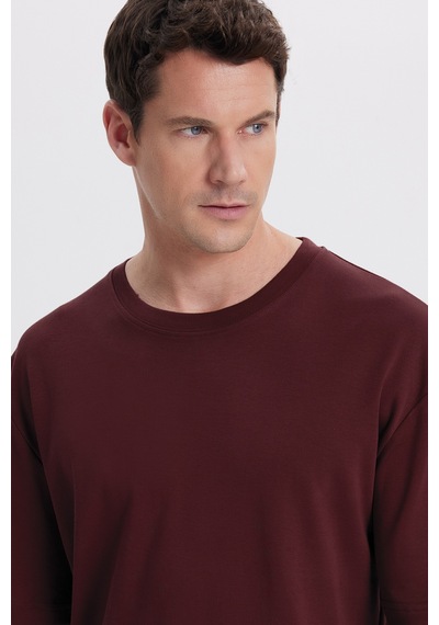 Tudors Unisex Oversize Geniş Kesim %100 Pamuk Yumuşak Dokulu Basic Bisiklet Yaka Bordo Tişört-40053 Bordo