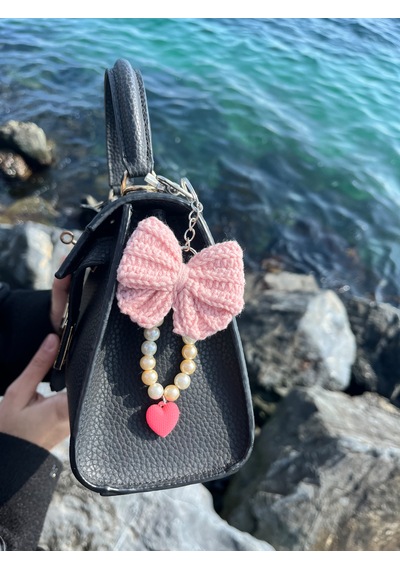 Maıson De Mode Coquette El Örmesi Pembe Fiyonklu İnci Detaylı Çanta Charm Beyaz - Pembe