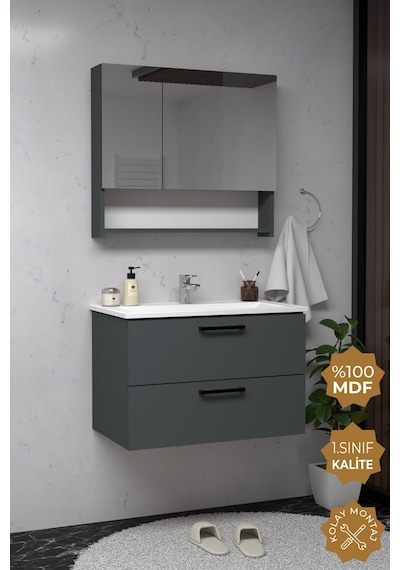 Teta Home Batum 80 Cm Mdf Banyo Dolabı Seti Antrasit