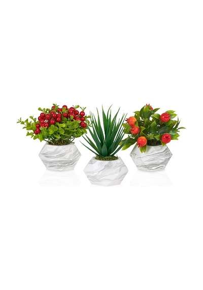 3 Lü Set Mermer Görünümlü Saksıda Yapay Bitkiler Kokina Nar Aloevera