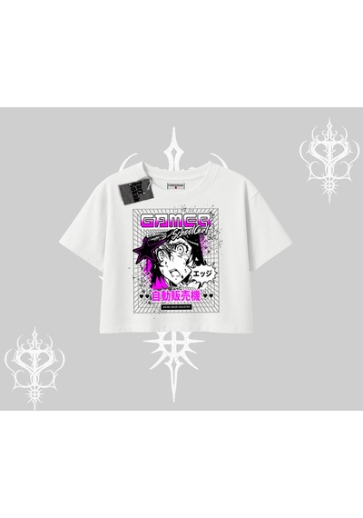 Startmore Startmore Oversize Crop Tshirt Games Schoolgirl Anime Baskılı Beyaz