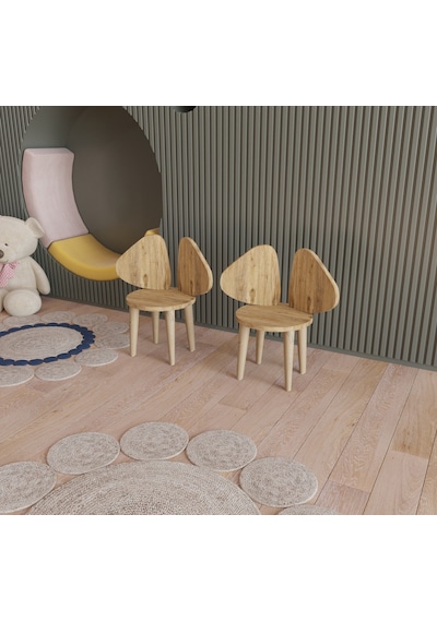Çocuk Sandalyesi Çocuk Oturağı Fil Kulaklı Ahşap MDF Sandalye Montessori Sandalye 2 Lİ Kahverengi