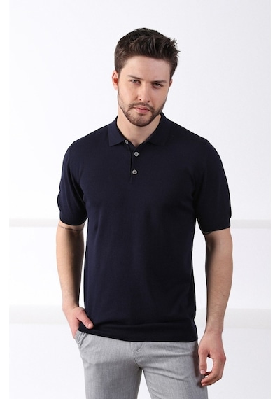 Ferraro Lacivert Polo Yaka Düz Renk Erkek Pamuk Triko T-Shirt-Lacivert