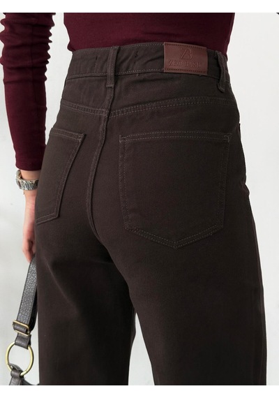 Kadın Kahverengi Ön Cepli Wide-leg Jean Yüksek Bel Geniş Paça Kot Pantolon Kahverengi