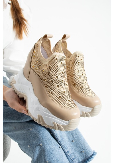 Dabab Shoes Olıvıa Bej Taş Detaylı 10 Cm Gizli Topuk Platform Slip-on Sneaker Ayakkabı