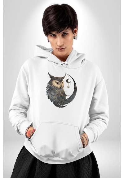 Ay Yıldız Bakır Renk Baykuş Kadın Erkek Beyaz Kapüşonlu Sweatshirt Hoodie Beyaz