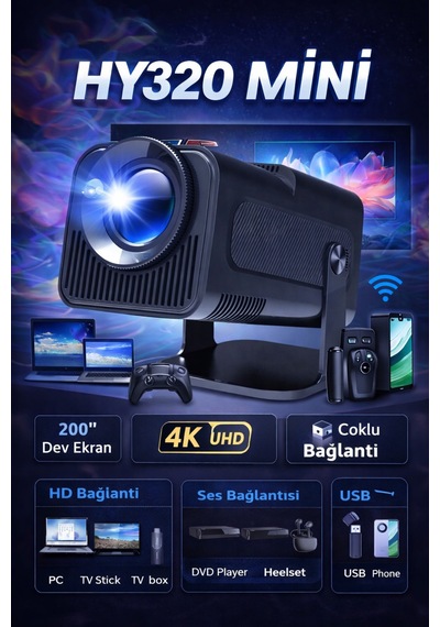 Hy320 Mini Led Projektör 1080p Full Hd & 4k Destek, Wi-fi 6, Bluetooth, Android Smart Siyah