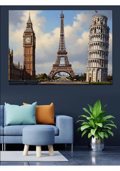 Ahşap Tablo Pisa Kulesi Eyfel Kulesi Ve Big Ben Kuleleri