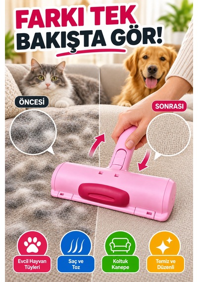 Pembe Tekrar Kullanılabilir Hazneli Tüy Toplama Rulosu Kedi Köpek Tüyü Koltuk Temizleme Aparatı