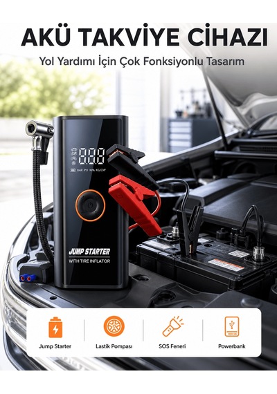 Sos Fenerli Akü Takviye Cihazı Dijital Kompresör Powerbank Yeni N
