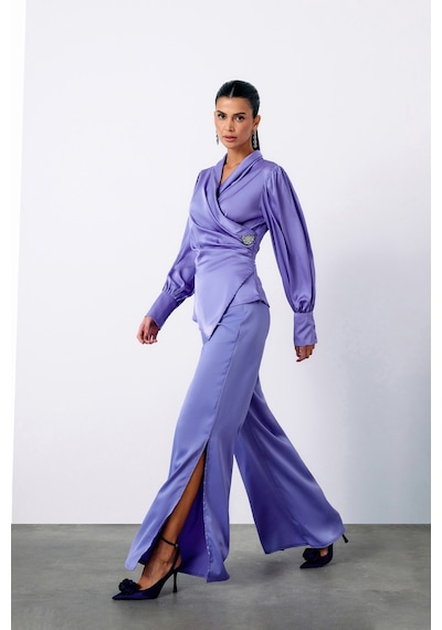 Sateen Broşlu Kruvaze Bluz - Lila-135118 Lila