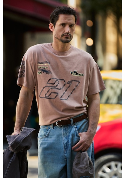 Grımelange Spıez Erkek %100 Organik Pamuklu Yıkama Ve Baskı Detaylı Regular Vizon T-shirt