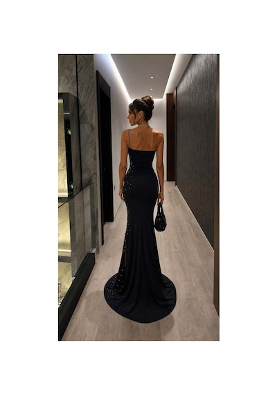 DefyModa Kadın Günlük Tek Omuz Taş Detaylı Abiye Elbise Siyah