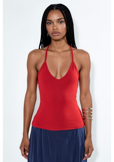 Hiccup Busem Slim Fit Halter Yaka Jarse Bluz Kırmızı