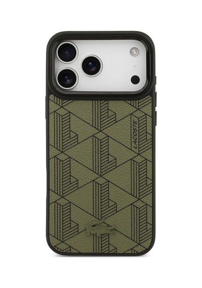 Apple Uyumlu iPhone 17 Pro Max Kılıf Lacoste Lisanslı M-safe Şarjlı Standlı Pu Deri Monogram Desenli Yeşil