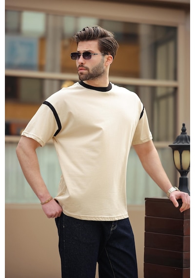 Madmext Bej Bisiklet Yaka Regular Fit Erkek T-shirt E7126 Bej