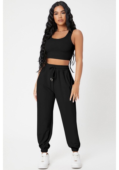 Moda Dua Kadın Siyah Kaşkorse Cepli Jogger Eşofman Altı Ve Crop Top Bluz